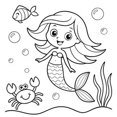 Mermaid and Fish Coloring Page Underwater Fun for Kids