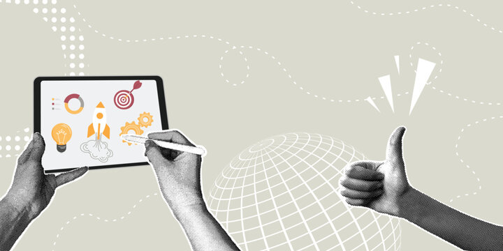 Trendy halftone collage. Strategic Business Planning. Product launch planning concept,teamwork,teamwork,plan development,ideas,data analysis for successful development.