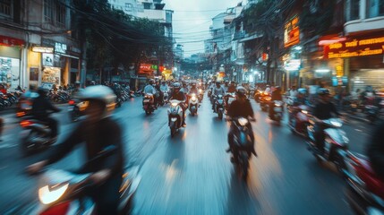 Bustling streets of Hanoi captured in motion, with motorbikes and pedestrians