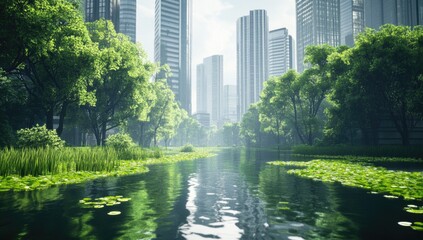 Fototapeta premium A river in the city with green plants growing on it, skyscrapers in the background, realistic,