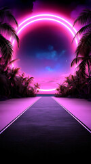 Naklejka premium Pink Neon Circle On Dark Sky Road To Tropical Illustration Background