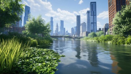 A river in the city with green plants growing on it, skyscrapers in the background, realistic,