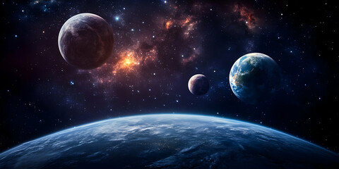 Pixel Universe Illustration: Earth And Planets In A Galaxy Night Sky
