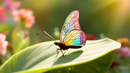 Fototapeta premium A delicate, intricately patterned butterfly with iridescent wings showcasing a mesmerizing dance of blues, greens, and yellows against a soft, creamy white background, its slender body and feathery an