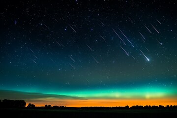 Fototapeta premium Night sky with meteor shower over horizon.