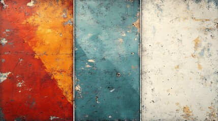 Rustic Triptych Vibrant Hues Weathered Texture Abstract Painting. AI Generated