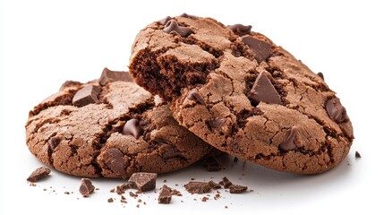 Fototapeta premium Indulge in Decadence A Close-Up of Mouthwatering Chocolate Chip Cookies on a Pristine White Background, Showcasing the Rich, Dark Chocolate Chunks and Perfectly Imperfect Cracks, Evoking Feelings of