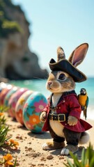 A pirate cove with a hidden treasure chest, a shipwreck, colorful Easter eggs on a sandy beach. A pirate-style Easter bunny