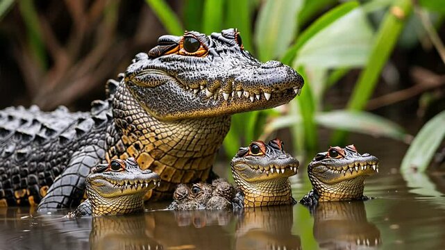 mother crocodile with her child in the swamp footage