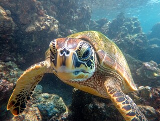 Obraz premium Green sea turtle swimming underwater - ai
