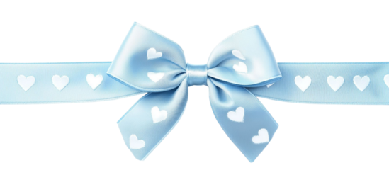 Blue bow with white heart pattern, ribbon for gift box, on transparent background