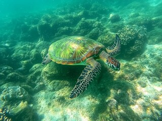 Obraz premium Green sea turtle swimming underwater - ai