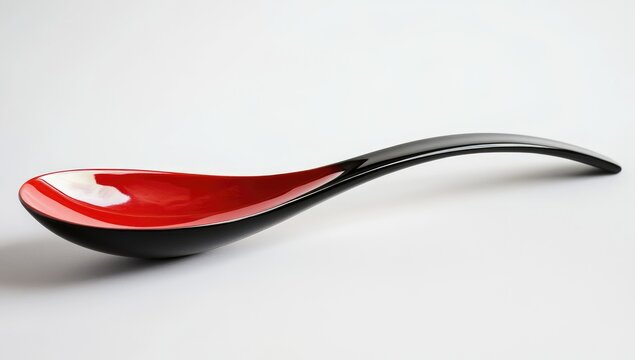 A sleek, modern black spoon with an elongated red bowl that is slightly curved at the end of its handle.