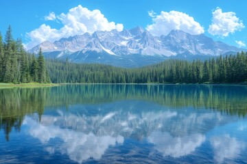 Emerald Lake reflecting the Canadian Rockies and coniferous forest on a sunny day