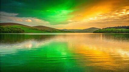 Obraz premium Tranquil St. Patrick’s Day Lake with Green Golden Sunset Reflection