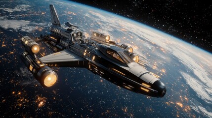 Obraz premium Aerial view of intergalactic spaceship preparing for launch futuristic sci-fi artwork and cosmic environment