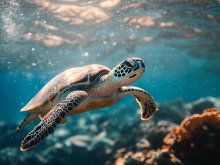 Fototapeta premium Green sea turtle swimming underwater - ai