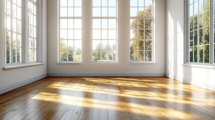 Fototapeta premium Bright Sunlight Streams Through Large Windows Illuminating Empty Room Hardwood Floor. AI Generated