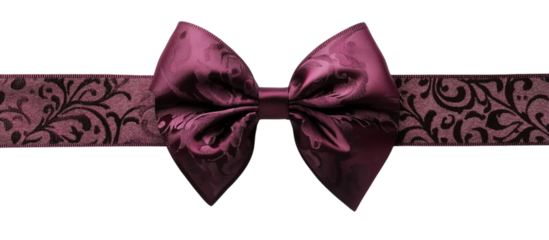 Purple bow with embroidery pattern, ribbon for gift box, on transparent background.