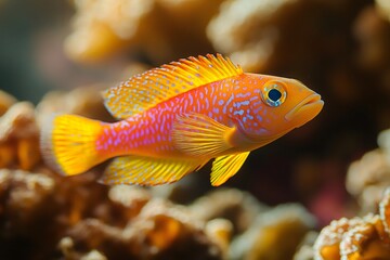 Obraz premium Lyretail anthias swimming in coral reef with blurred background
