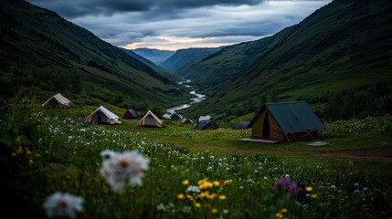 Fototapeta premium Serene camping retreat amidst lush valleys majestic river view scenic landscape tranquil evening vibes