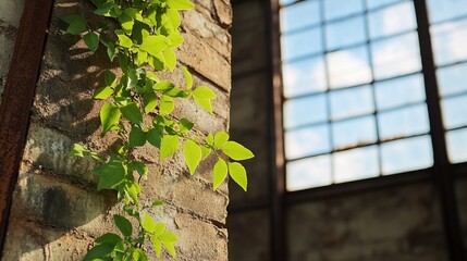 Ivy grows on brick wall, sunlight through factory window
