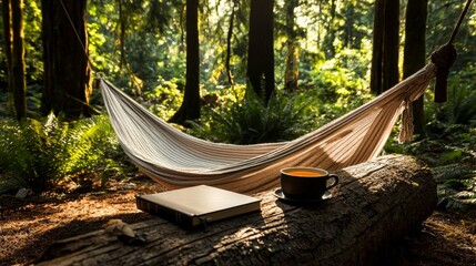 Relaxing hammock retreat in serene forest cozy reading spot nature escape tranquil atmosphere
