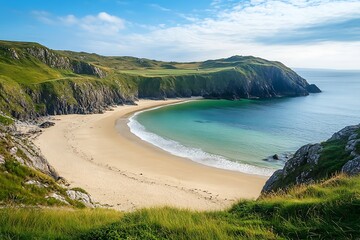 Secluded cove with crescent beach, turquoise water, green cliffs, and blue sky.