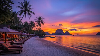 A stunning sunset over the beach at an elegant resort in Thailand, with loungers and umbrellas set up along its length.
