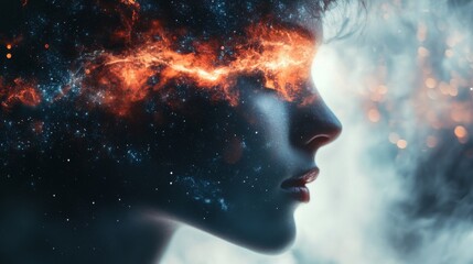 Obraz premium Abstract art digital illustration of a woman's profile with fire in her eyes.