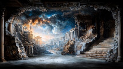 Ancient villa frescoes depicting roman life historical site art showcase ruins panoramic view cultural heritage