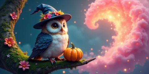 Obraz premium Enchanted Owl in Autumnal Attire with a Miniature Pumpkin on a Mossy Branch Beside a Dreamy Pink Cloud