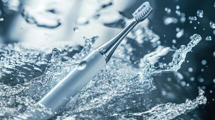 A high-tech ultrasonic toothbrush being used to clean teeth, dynamic water splashes