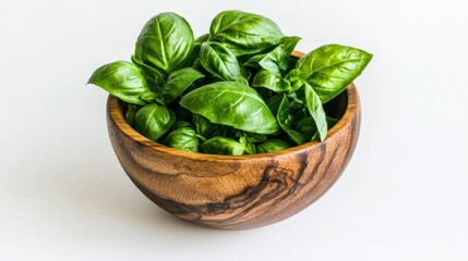 Fresh Basil in Rustic Wooden Bowl  Culinary Herbs  Food Photography