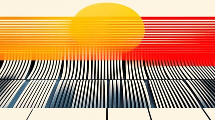 Vibrant sunset stripes dramatically layered over bold black lines create dynamic abstract art. AI Generated