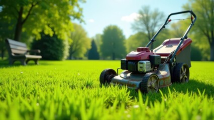 A rusty red lawnmower rests on a vibrant green lawn, a park bench subtly blurred in the background, under a bright sunny sky.