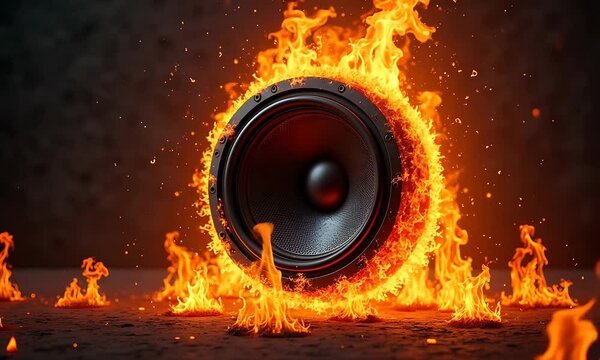 Fiery Speaker Inferno: A Dramatic Visual of a Burning Speaker in a Dark Setting