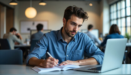 portrait of young office worker writing in notebook, colleagues working in background