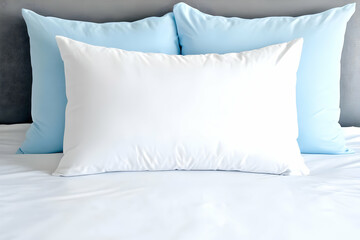 White Pillow On Blue Pillows And White Bedding Realistic Photo