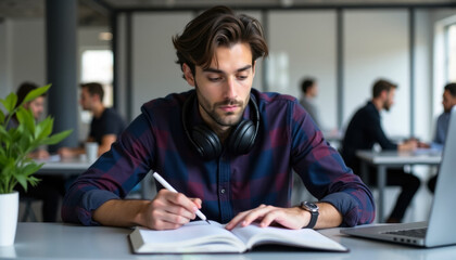 Obraz premium young office worker writing in notepad in front of laptop, colleagues working in background