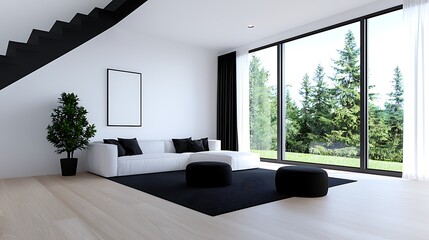 Modern Monochrome Living Room Interior Design with White Sofa and Black Accents