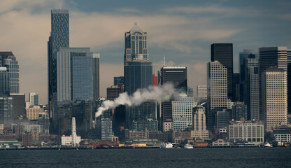 Looking at Seattle skyline from Alki beach near Seacrest park