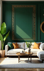 An elegant, modern living room featuring a bold Greek key patterned wallpaper, adorned with lush greenery and golden accents, exuding timeless sophistication.