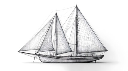 Sailboat Wireframe Drawing on White Background for Design Projects