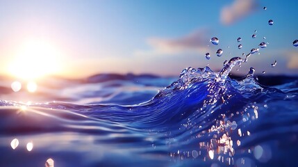 Ocean Wave Splash at Sunset: Blue Water Texture Background