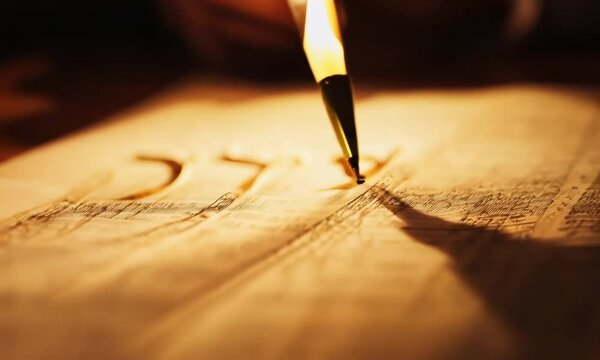 Jewish Torah Scribe Carefully Writing Holy Scriptures on Parchment