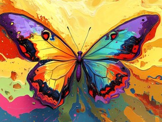 Abstract butterfly in vivid bright colors, dynamic and flowing wings, radiant hues, modern artistic interpretation, vibrant and bold composition