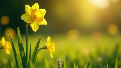 Obraz premium Golden Daffodil in a Sunlit Meadow, Springtime Bloom, Vibrant Yellow Petals and Lush Green Foliage