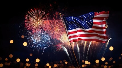The American flag waves proudly as red, blue, and white fireworks explode in the night sky.