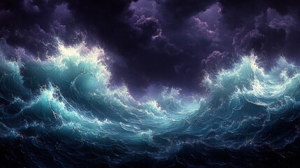 Dark stormy sea waves crash powerfully under an ominous purple sky. AI Generated